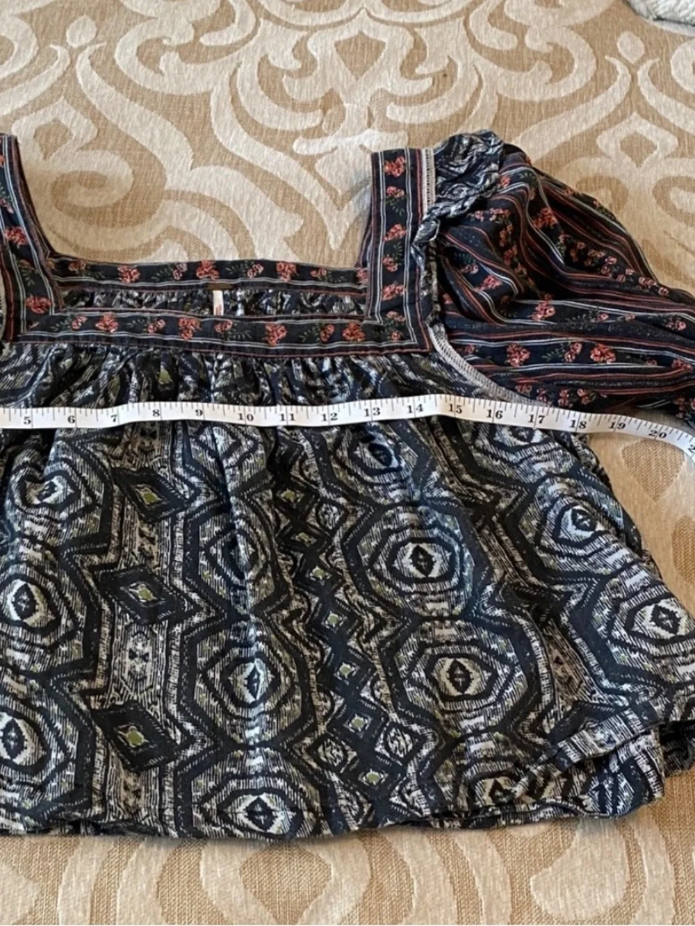 Free People XS Boho Peasant Top Mixed Print Square Neck Navy